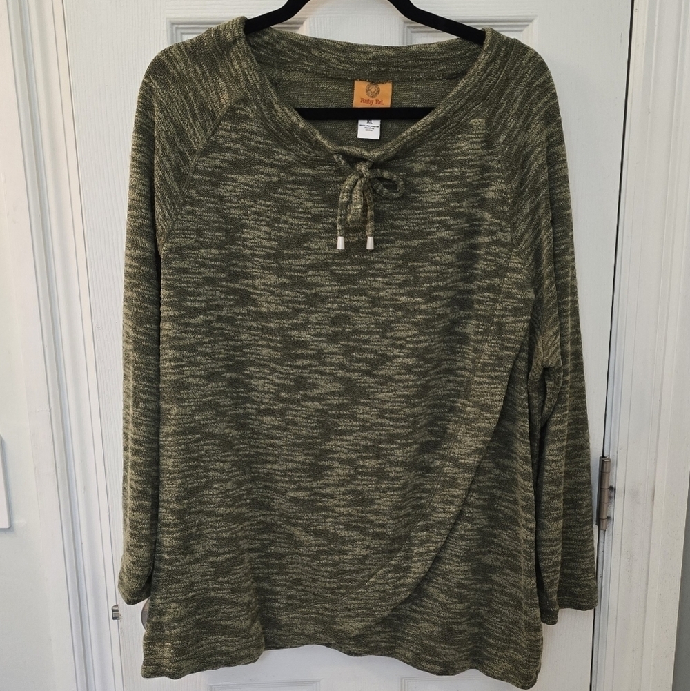 Ruby Road Women's Olive Heathered Top w/drawstring Neckline, Size XL, (0913)